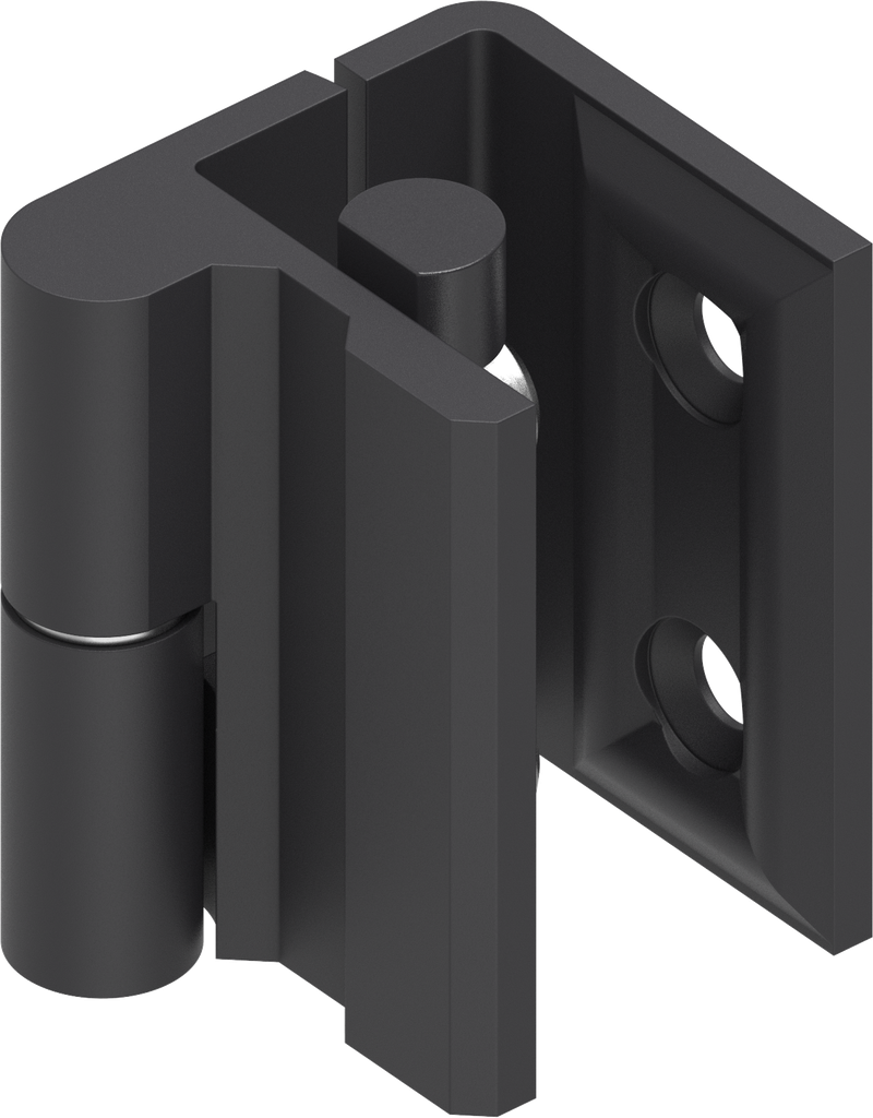 Bisagra 180°, izquierda, zamak y acero recubierto de polvo negro